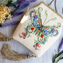 Big Butterfly Hand Embroidery Textile Mini Boho Bag with Tassels