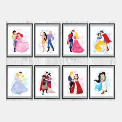 Princesses with princes Disney Set Art Print Digital Files decor nursery room watercolor