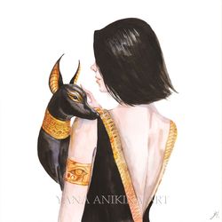 Cleopatra Painting Anubis Original Art Egyptian God Watercolor Woman And Dog Artwork Egyptian Wall Art. MADE TO ORDER