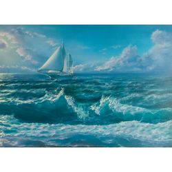 White Yacht original oil on canvas handmade seascape 27,5x19,7in