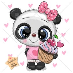 cute cartoon panda png, girl, clipart, sublimation design, children illustration, pie, cupcake, digital clip art