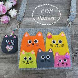 Cute Cats Tote Bag and Accessory set Felt PDF Pattern, Gift for girls