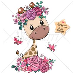 Cute Cartoon Giraffe PNG, clipart, Sublimation Design, Children printable, Flowers, art