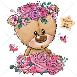 Cute Cartoon Teddy Bear PNG, clipart, Sublimation Design, Children printable, Flowers, art