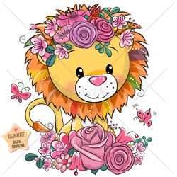 Cute Cartoon Lion PNG, clipart, Sublimation Design, Children printable, Flowers, art