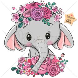 Cute Cartoon Elephant PNG, clipart, Sublimation Design, Children printable, Flowers, art