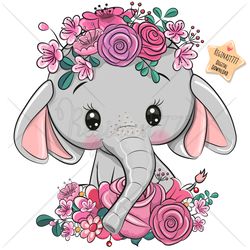 cute cartoon elephant png, clipart, sublimation design, children printable, flowers, art