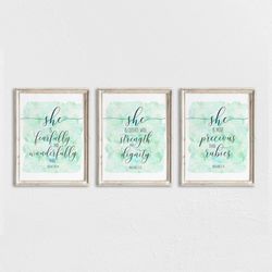 set of 3 nursery bible verse wall art, psalm 139:14, proverbs 31:25, proverbs 3:15, scripture prints, christian gifts