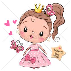 cute cartoon princess png, clipart, sublimation design, adorable, print, clip art, hearts, pink