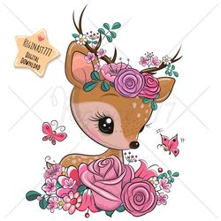 Cute Cartoon Deer PNG, clipart, Sublimation Design, Children printable, Flowers, art