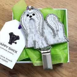 Maltese brooch beaded, dog show number clip, white dog jewelry, Maltese jewelry,  pet portrait jewelry
