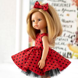 Red polka dot dress for 13 inch dolls Paola Reina, Siblies RRFF, Little Darling, Minouche, clothes for Valentine's Day