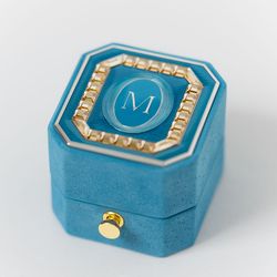 Proposal Ring Box, Swarovski Crystals, Grand Octagon Guilloche Enamel, Suede Monogrammed Velvet Vintage Handmade Antique