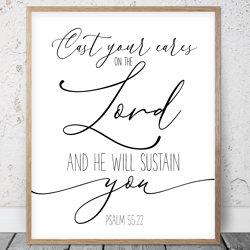 Cast Your Cares On The Lord, Psalms 55:22, Bible Verse Printable Art, Scripture Prints, Christian Gifts, Kid Room Decor