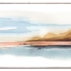 Sunrise Lake Print Mountain Lake Wall Art Neutral Watercolor Painting Minimalist Coastal Landscape Sky Blue and Beige