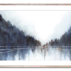 Foggy Forest Art Mountain Lake Watercolor Art Print Abstract Watercolor Landscape Dark Blue Mountain Forest Indigo Art