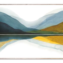 mountain lake art print autumn landscape watercolor painting minimalist wall art teal mountains