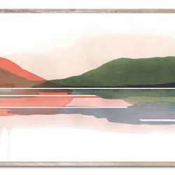 sunset lake art print green mountain watercolor painting mountain lake wall art minimalist abstract watercolor landscape