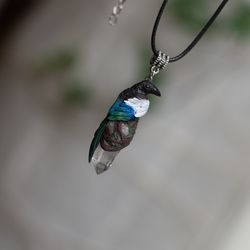 Magpie necklace Magpie polymer clay Bird pendant with a crystal