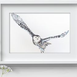 White owl original bird watercolor, bird painting snow bird watercolor art by Anne Gorywine