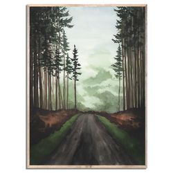 forest road print foggy forest watercolor painting pine trees art smoky landscape wall art olive green landscape