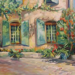 French old Provencal house with shuttered windows and potted flowers. Sunlit courtyard and flowering trees.13.8x17.7inch