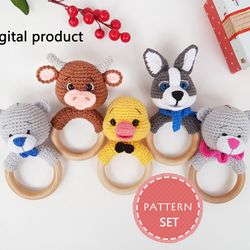 Crochet pattern set baby rattles 4 in 1 - bull, bear, duck, dog - crochet animal pattern, amigurumi pattern