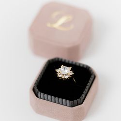 Grand Suede Ring Box Monogrammed - OCTAGON COVER BOTTOM - Vintage Style Handmade Monogram Engagement Wedding Proposal
