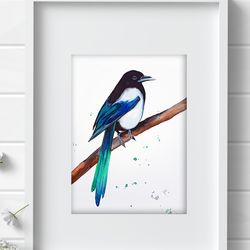 Magpie original birds watercolor, bird painting bird watercolor art by Anne Gorywine