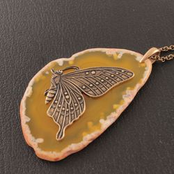 Yellow Agate Slice Necklace Brass Butterfly Necklace Mustard Yellow Agate Slab Slice Stone Pendant Necklace Jewelry 3050