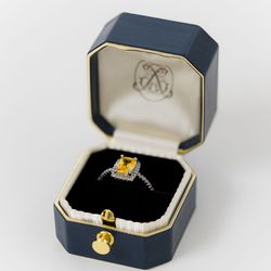 Ring Box Grand Leather Monogrammed OCTAGON BORDER EMBOSSED Velvet Vintage Handmade Antique Engagement Wedding Proposal