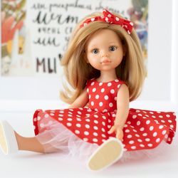 Red polka dot dress for 13 inch dolls Paola Reina Las Amigas, Siblies Ruby Red, Little Darling for Valentine's Day