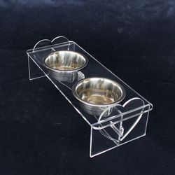 Acrylic elevated cat bowl stand - Modern clear dog food bowls set - Raised double pet feeder - feeding stand