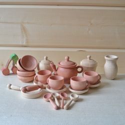 Dishes set, Wooden toys dishes, Toddler tea set, Wooden play kitchen 22pcs
