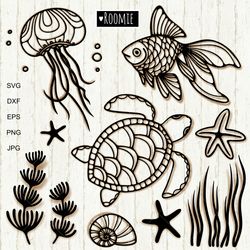 Ocean SVG Bundle, Sea Svg, Goldfish Turtle Jellyfish Seaweed svg, Ocean clipart, Shell, Seashells, Beach svg Seastar