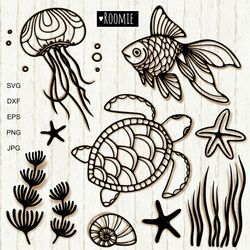 ocean svg bundle, sea svg, goldfish turtle jellyfish seaweed svg, ocean clipart, shell, seashells, beach svg seastar