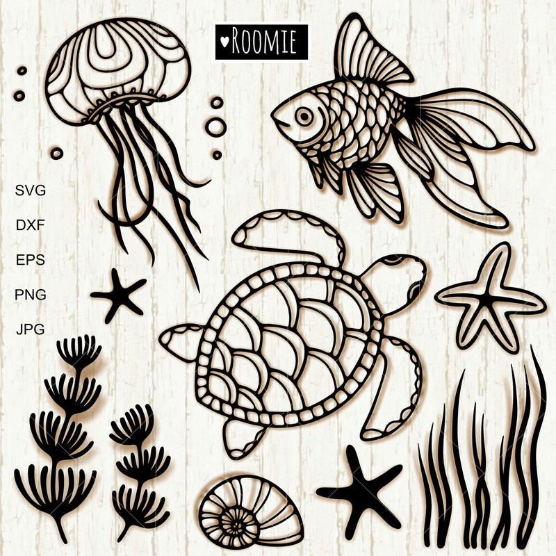 Jellyfish goldfish seaweeds shell turtle seastar.jpg