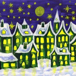 Winter landscape fairy Dreams town in green colour, watercolor painting
