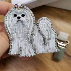Maltese brooch beaded, dog show number clip, white dog jewelry, Maltese jewelry,  pet portrait jewelry