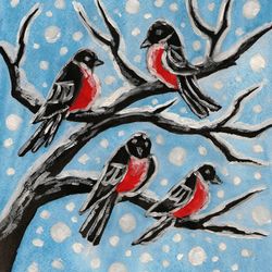 Bullfinches on branch winter watercolor painting