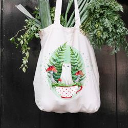 White cat in the tea cup cotton tote bag Eco Bag Market bag Cat lover gift Fly agaric bag