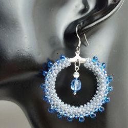 Ring earrings with blue beads drops large fashionable earrings