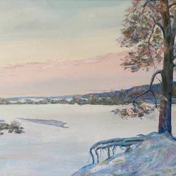 Painting "On the cliff of the winter river", winter landscape in acrylic on canvas measuring 24x31 inches, a large light