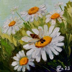 daisy painting bee painting floral original artwork oil painting small 6 x 6 art flower artwork insect painting