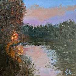 Evening Scenery Original Art Wall Art Impasto Sunset River Oil Painting Canvas 8*8 inch