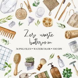 Zero Waste Lifestyle Watercolor Png Clipart. Eco Friendly Illustrations. Reusable Bathroom Accessories. NatArtStudio.