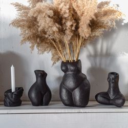 Set of three black concrete vase for natural flowers and dried flowers, flower vase, concrete decor, marble vase