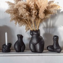 set of three black concrete vase for natural flowers and dried flowers, flower vase, concrete decor, marble vase