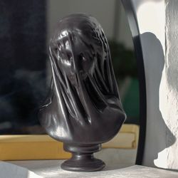 VEILED LADY BUST SCULPTURE, Female Antique Stone Art Statue Black, Woman bust - Home Decor – Handmade