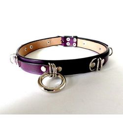 Purple leather bdsm day collar choker with o-ring for women